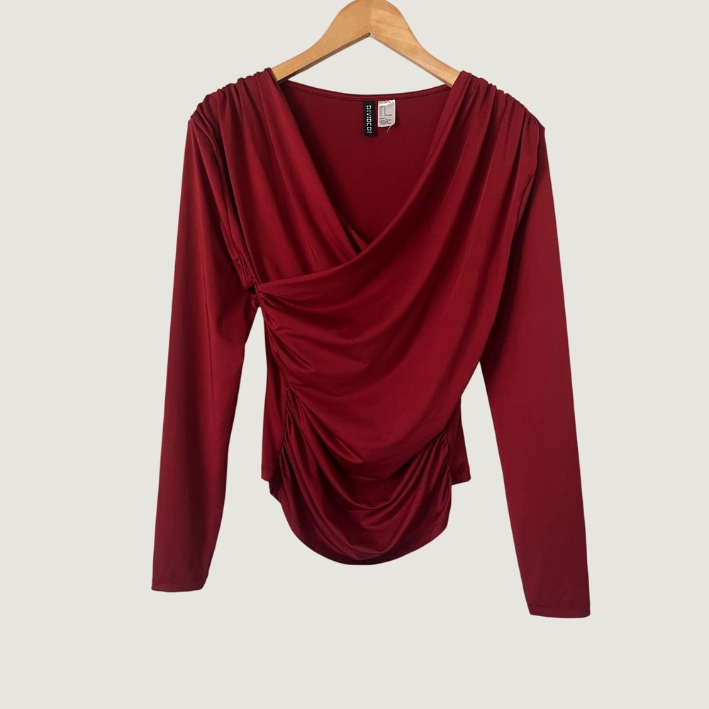 H&M Divided Rust Red Ruched Draped Surplice Long Sleeve Top Blouse Large casual
